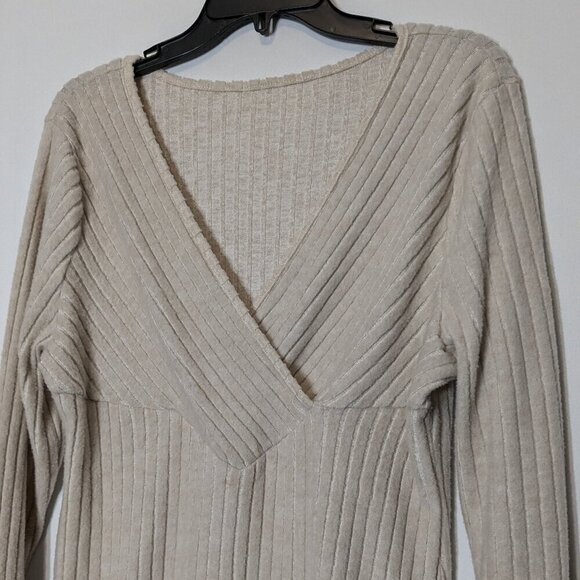 Beige Long Sleeved Ribbed Faux Wrap Soft Pullover Slim Fit Sweater; Size XL - Picture 2 of 5